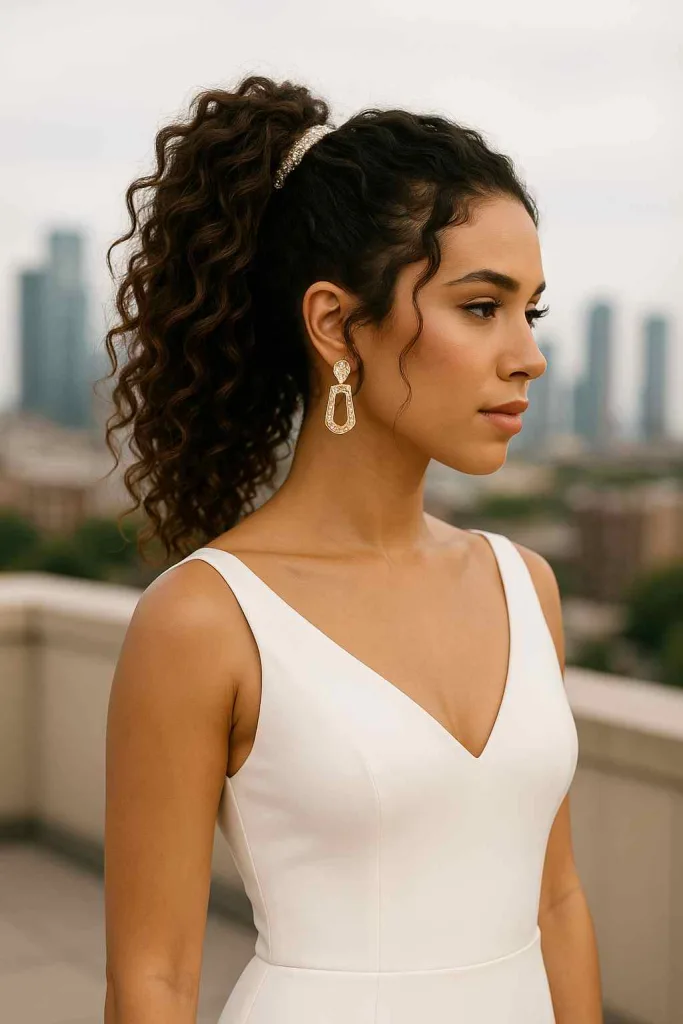 Textured Curly Ponytail with Jeweled Wrap