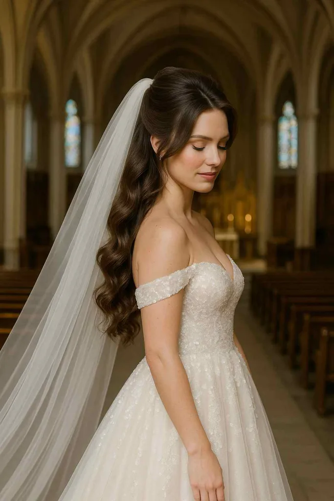 Voluminous Curly Half-Updo with Veil